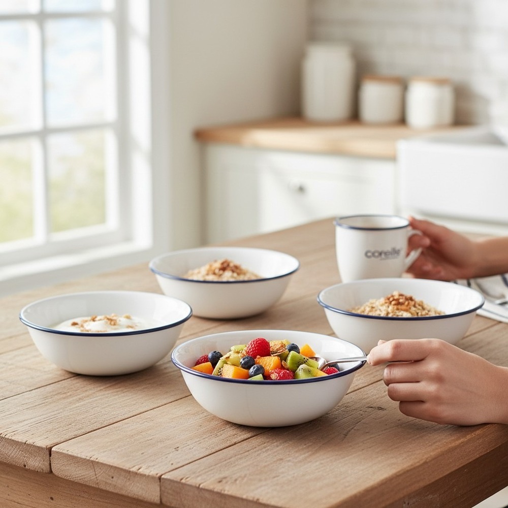 Corelle Cereal Bowl Set 4 White Navy Blue Rim Very Good Vitrelle Glass USA